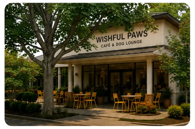 The Wishful Paws Cafe and Dog Lounge building exterior, with outdoor seating under a tree