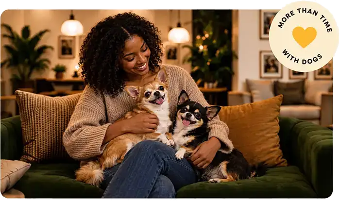 A woman sitting on a green sofa with two chihuahuas in the Wishful Paws lounge