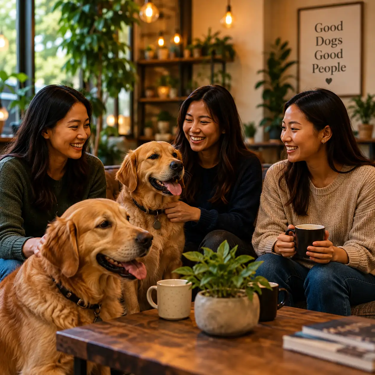 A golden retriever beside seasonal treats and coffee in the cafe
