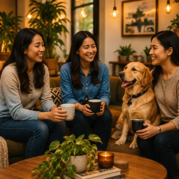 Friends gathered with a golden retriever in the Wishful Paws cafe