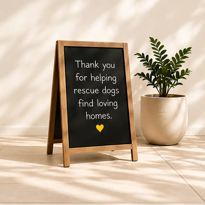 A chalkboard sign thanking guests for helping rescue dogs find loving homes